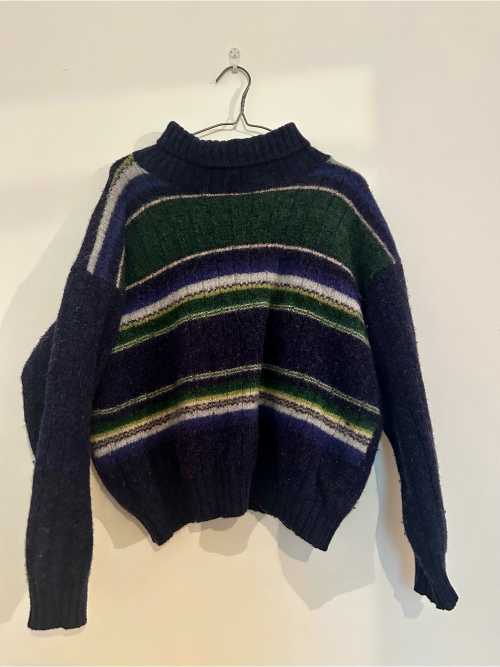 Striped Crewneck Wool Sweater in Navy, Green and Gray